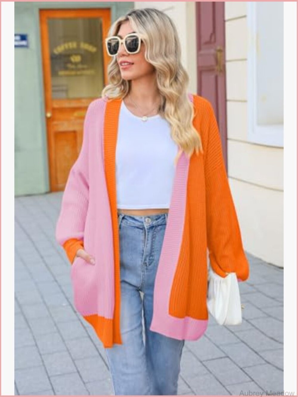 Oversized Open Front Ribbed Knit Batwing Sleeve Cardigan with Pockets - Picture 4 of 7